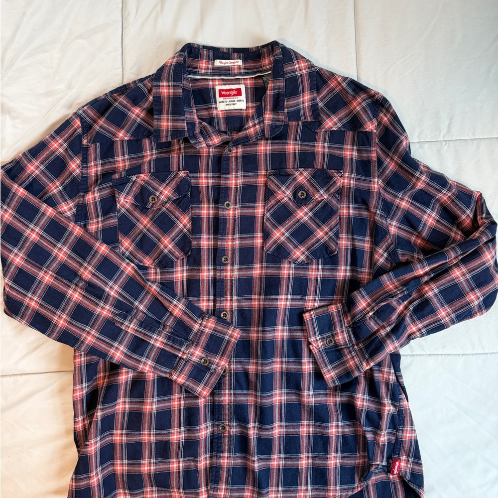 Wrangler Men's Long Sleeve Plaid Shirt - Navy and Red